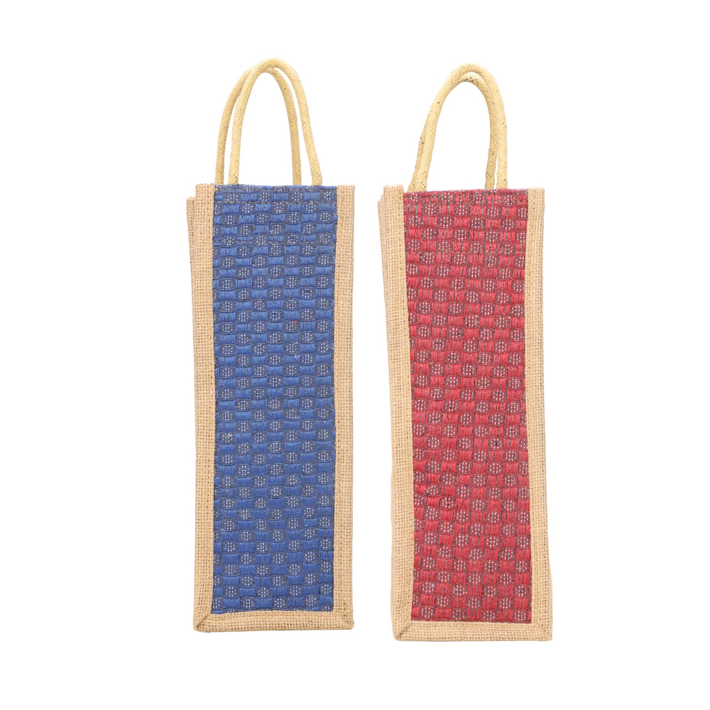 Fabric Jute Modern Water Bottle Bag With Handles (Blue And Red) - Pack Of 2