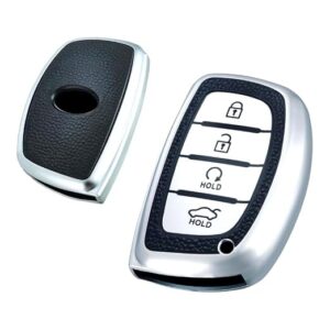 TPU Leather Key Cover for Hyundai Alcazar and Creta, 4-Button Smart Key, Black and Silver