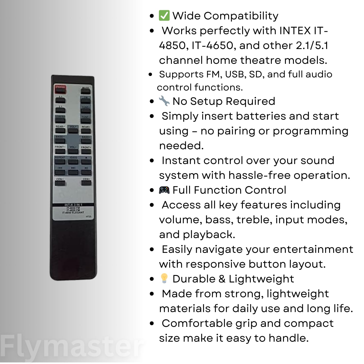 IT-4850 Remote Control Compatible for INTEX Home Theatre Systems Supports IT-4650, IT-4850, 2.1/5.1 CH FM/USB/SD Functions Black - Image 2