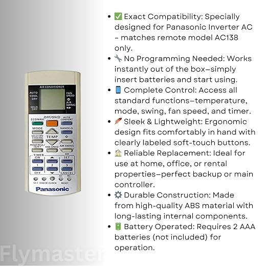 AC Remote Control Compatible with Panasonic Inverter AC Model AC138 Replacement Controller No Setup Required Precise Cooling Control White (Pack of 1) - Image 2