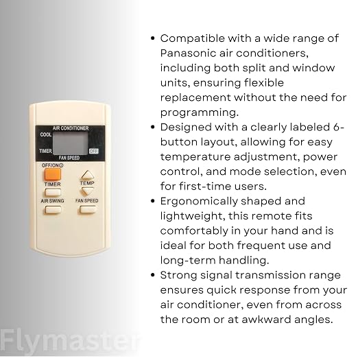 AC-44B Remote Control Compatible with Panasonic Split/Window Air Conditioners 6-Button Layout, White (Pack of 1) - Image 2