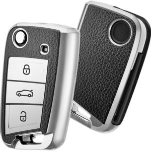 TPU Leather Car Key Cover for Skoda Volkswagen, 3 Button Flip Design, Silver