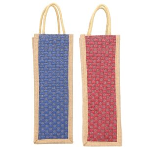 Fabric Jute Modern Water Bottle Bag With Handles (Blue And Red) - Pack Of 2